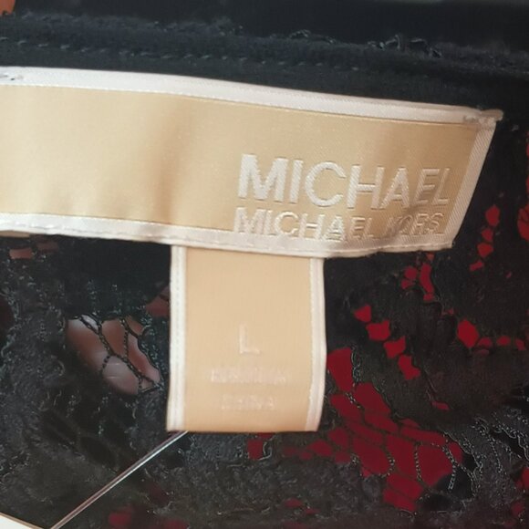 Michael Kors Pleated Back Blouse L Magenta with Black Lace Yoke Short Sleeve Top - Picture 10 of 12